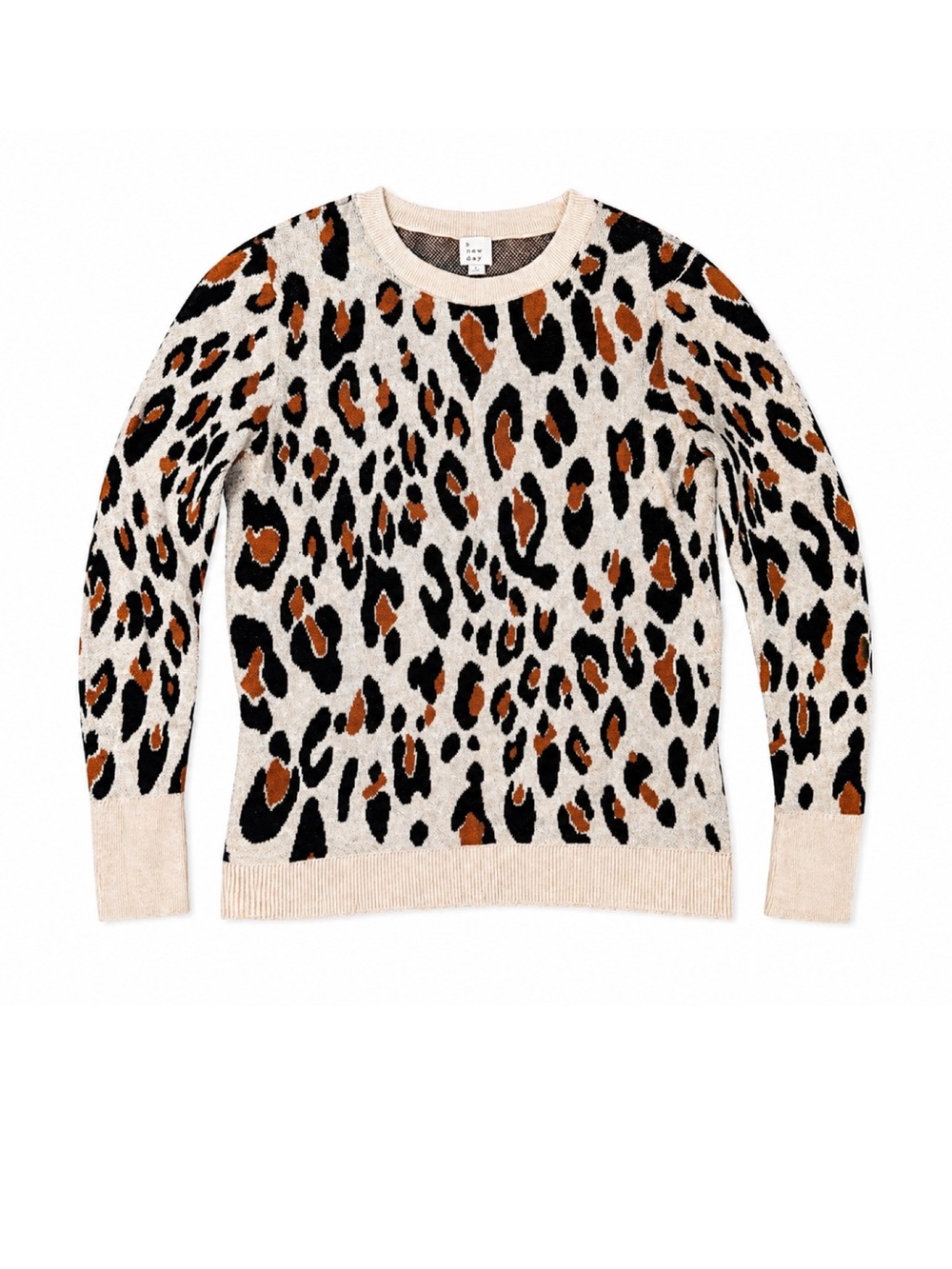 A New Day Leopard Print Sweater Cream Brown Neutral Crewneck Pullover L